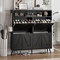 Vista 10 de Gabinete para zapatos con 2 cajones abatibles y almacenamiento abierto, gabinete de almacenamiento de zapatos estilo granja para entrada