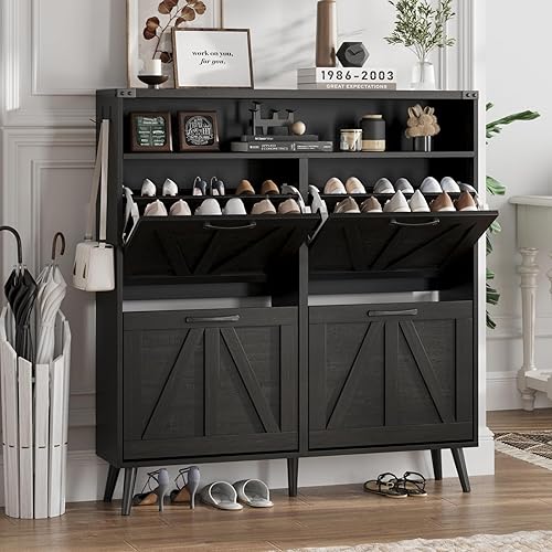 Miniatura 11 de Zapatero con 2 cajones abatibles y almacenamiento abierto, armario de almacenamiento de zapatos de granja para entrada, estante organizador estrecho