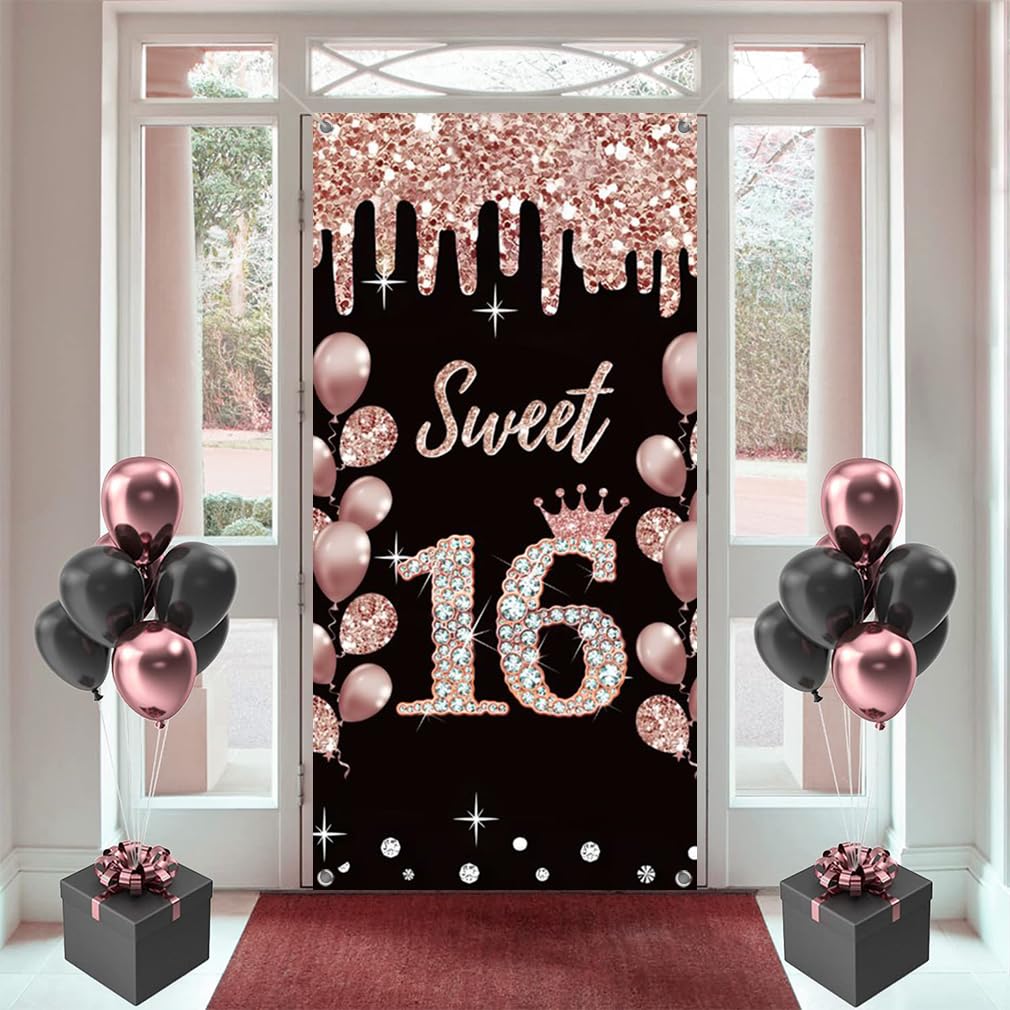 Decorazione per 16° compleanno per ragazze Sweet 16 Happy 16th Birthday Poster Banner per porta Banner in tessuto nero e rosa cartello da pareteporta banner per 16° compleanno sfondo banner ragazze