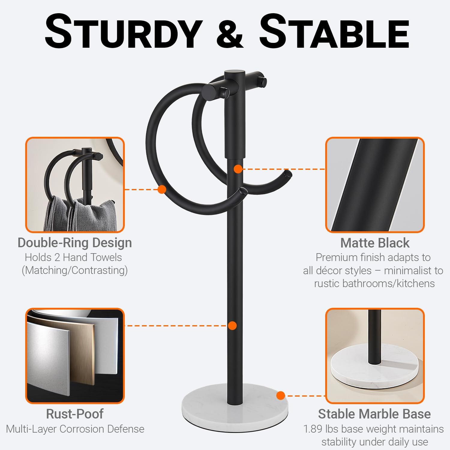 Hoooh Matte Black Free-Standing Towel Ring - Double-Ring & Marble Base Design - Stainless Steel Hand Towel Rack for Bathroom Vanity Countertop