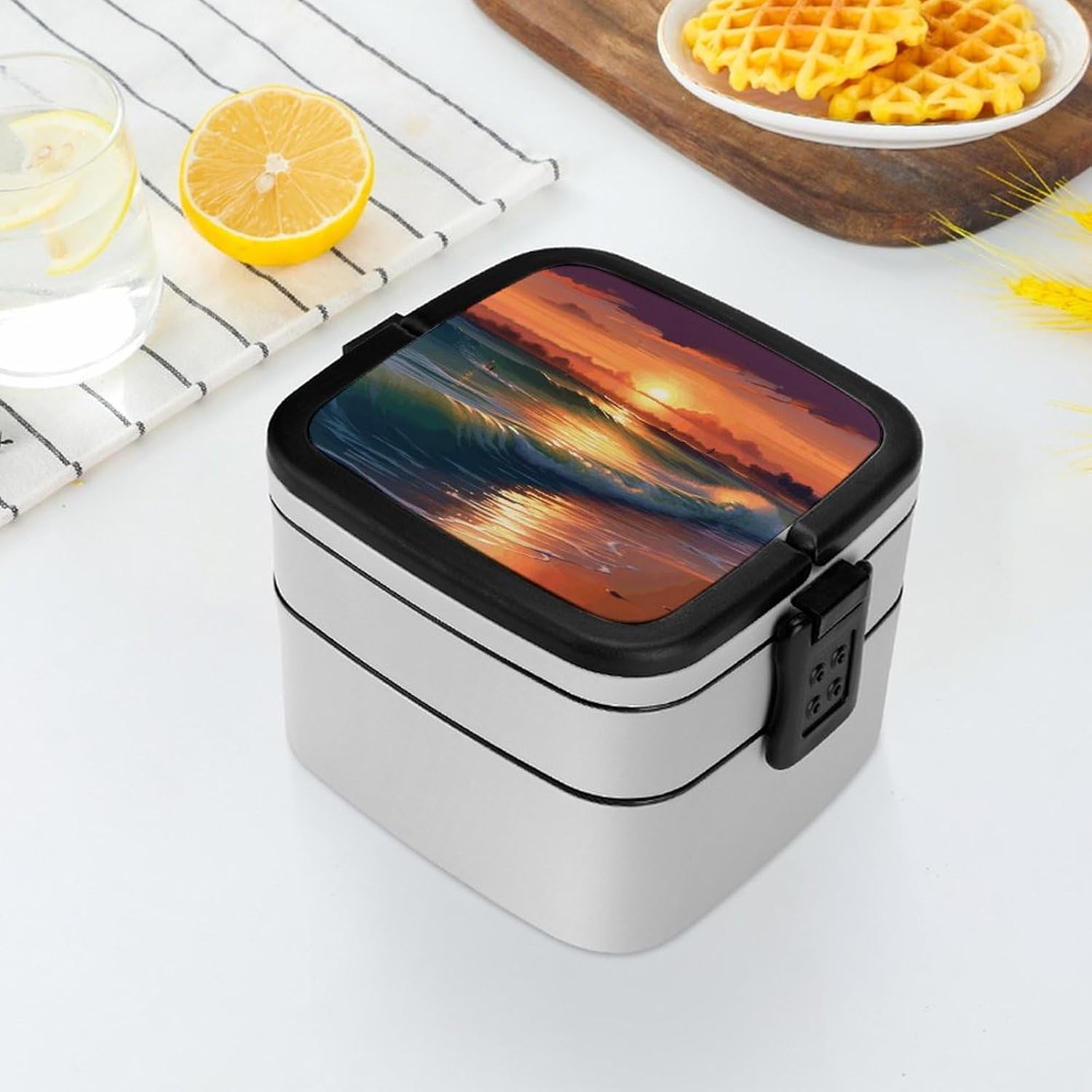 Sunset Seaside Bento Box Adult Lunch Box Containers with Spoons Double Layered Lunch Containers Portable Lunch Boxes Food Container for Work Picnic Travel