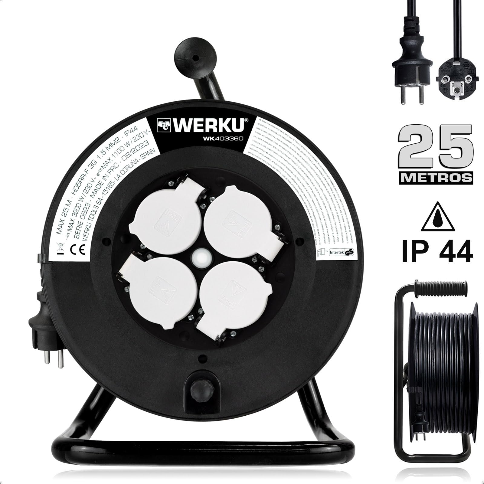 Werku WK403360, Enrollacables Alargador, Calidad Profesional, 25 Metros, MAX 3200 W, Protección IP44, 4 Tomas, Cable H05RR-F 3G 1.5 MM/2, Protección contra Sobrecalentamiento