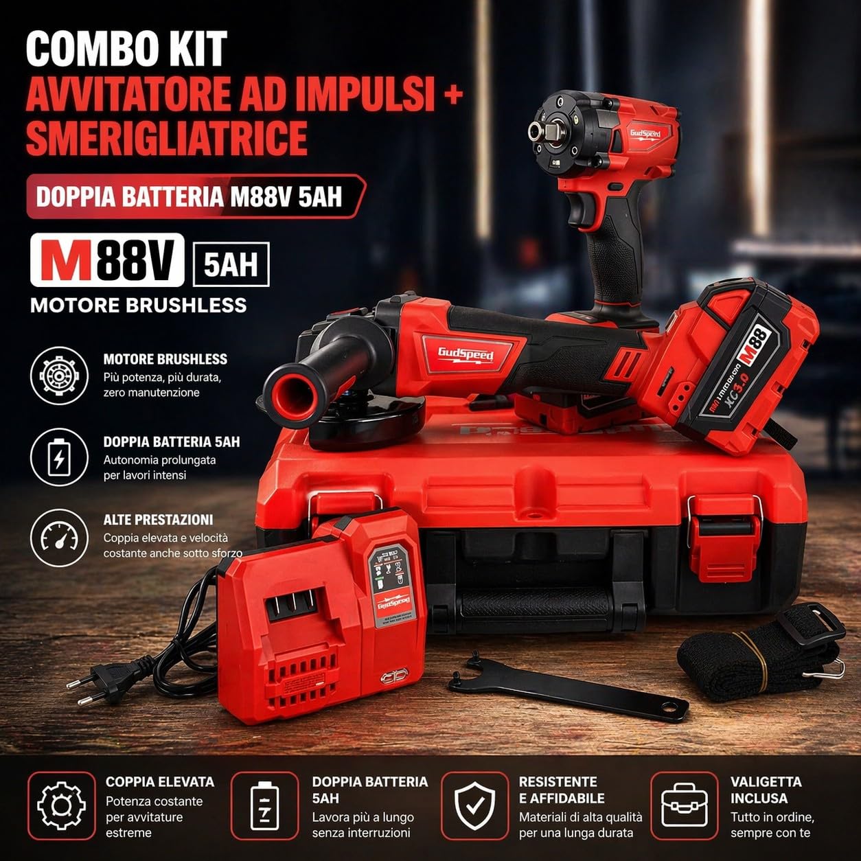 Combo Avvitatore ad impulsi 1/2" + Smerigliatrice Angolare 115/125mm 88V 2 Batterie 5Ah con Motore Brushless Kit Professionale Trapano Avvitatore Flex