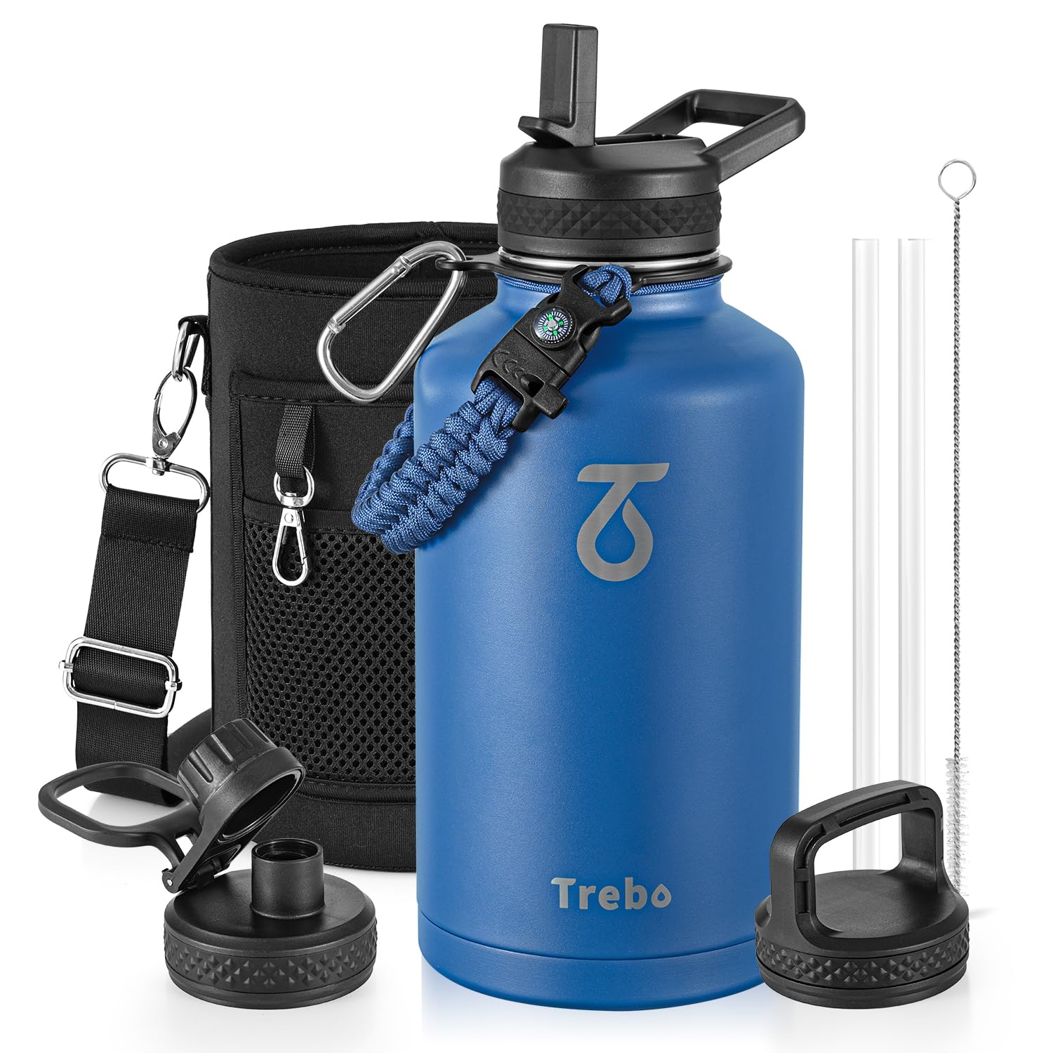 Trebo Borraccia Termica, Borraccia con Cannuccia Borraccia acciaio inox fredda per 48 ore Borraccia Termica Bottiglia in Metallo con Manico in Paracord, 1893 ml, Blu