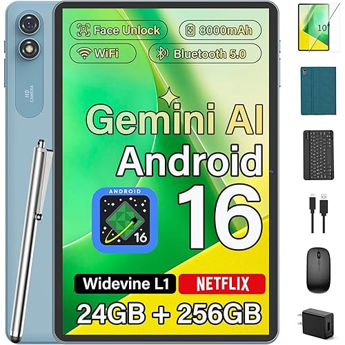 Android Tablet with Keyboard, 2026 Upgraded Android 16 tablet with 24GB+256GB+2TB Expand, 10 inch Tablet PC with 8-Core, Gemini AI, WiFi, 8000mAh, GPS, 2-in-1 Tablet with Case/Mouse/Stylus(Green Case)