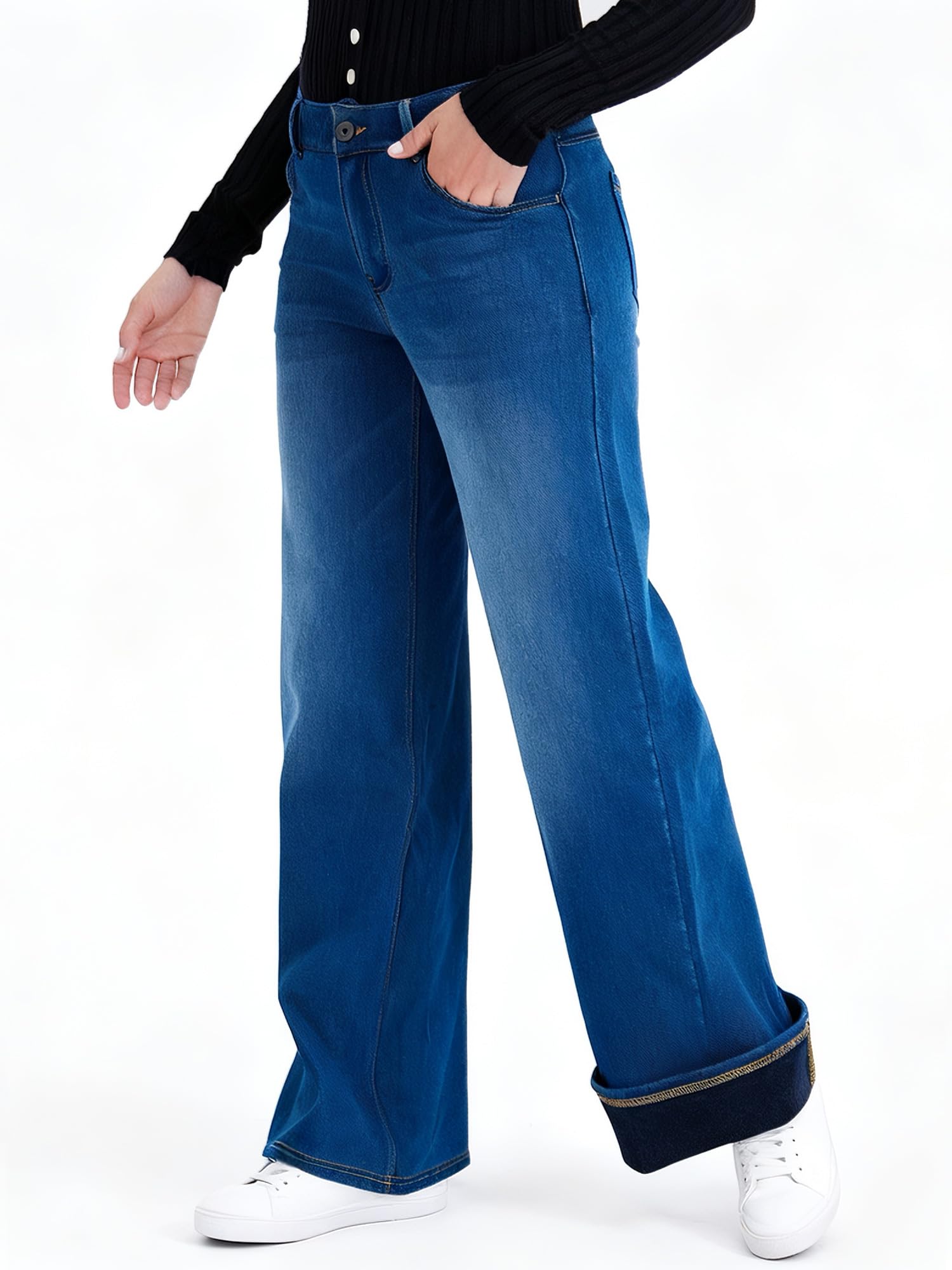 LaiEr Jeans à Jambe Large pour Femmes,avec Design Classique de Devant à Bouton et Fermeture éclair,Coupe Ample,Pantalon en Denim à Haute élasticité adapté