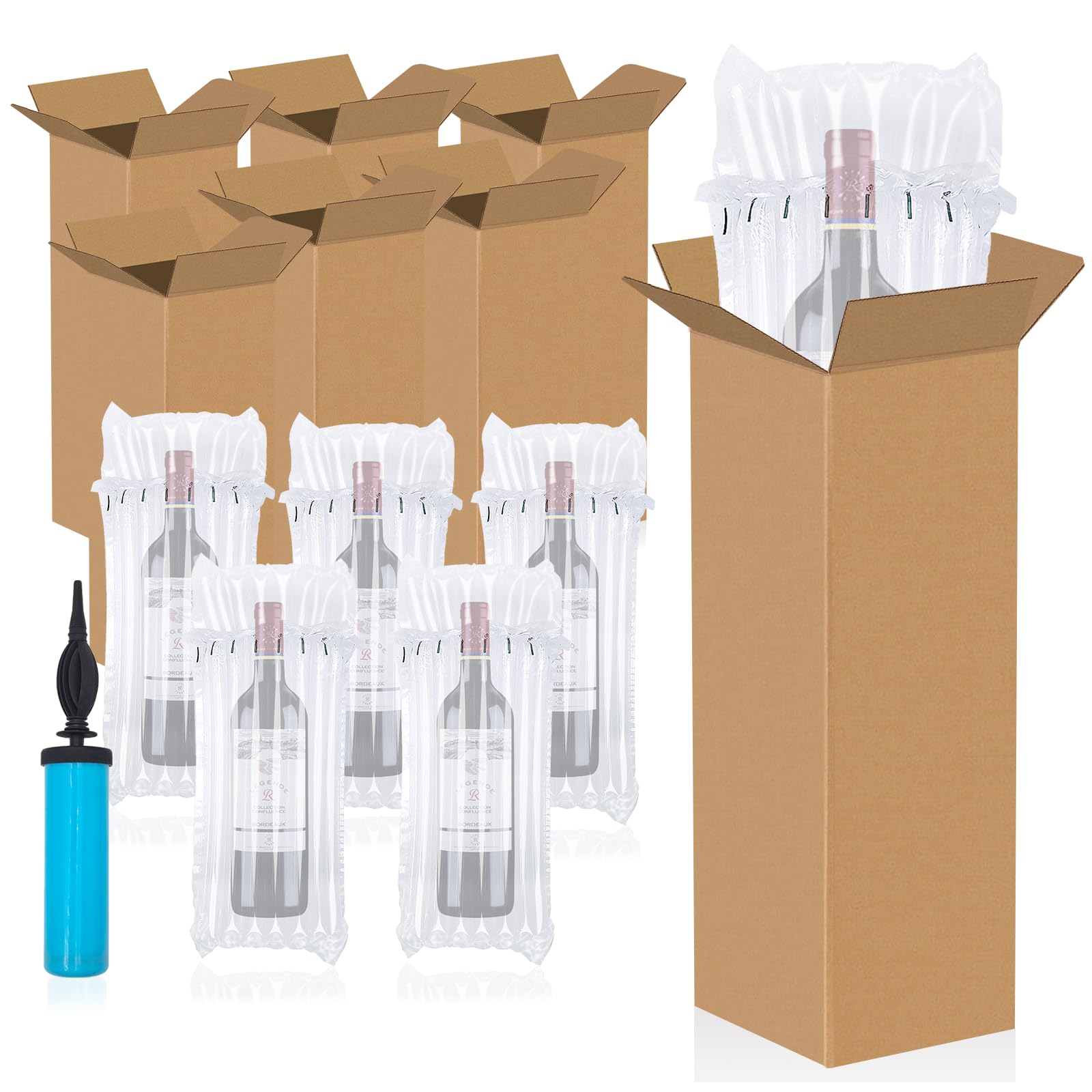 12 Sets Wine Shipping Box Kit Include Wine Packaging Boxes Wine Inflatable Protector Bags for Shipping Travel Boxes for with Air Pump for Moving Safety Shipping Transportation of Glass Bottles