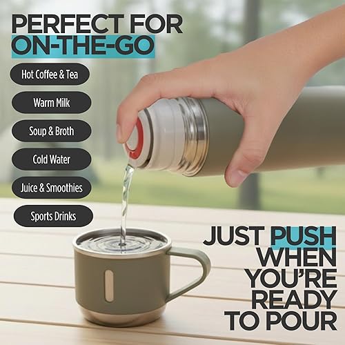 Miniatura 2 de Juego de botellas verdes al vacío, botella de agua aislada de acero inoxidable con 3 tazas, botella de agua térmica para bebidas calientes y frías,