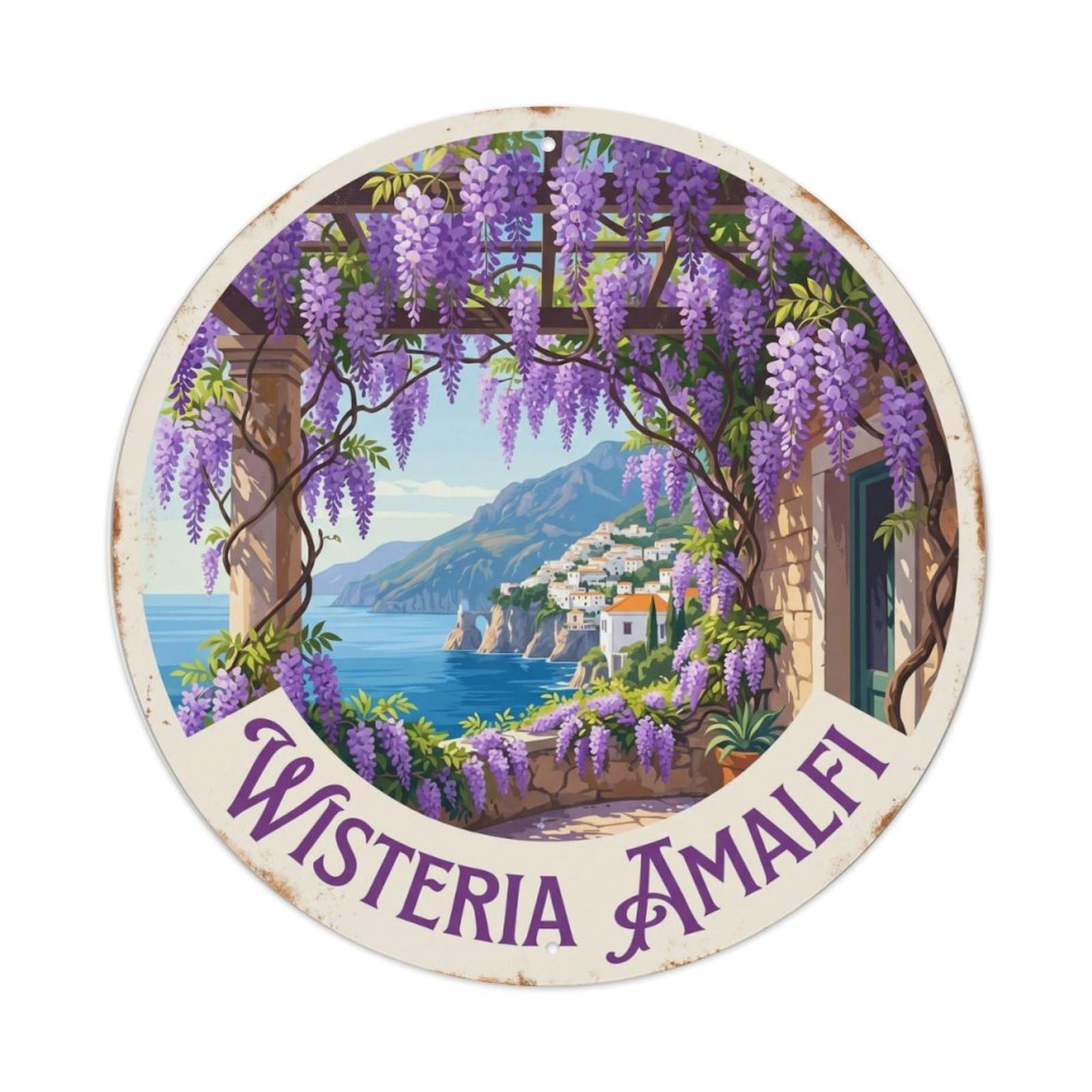 Italian Seaside Coastal Wisteria Flowers Classic Travel Metal Tin Sign Plaque Wall Decor for Cafe, Man Cave, Club Bar, Office, Home Garden Round Metal Poster 8x8Inch
