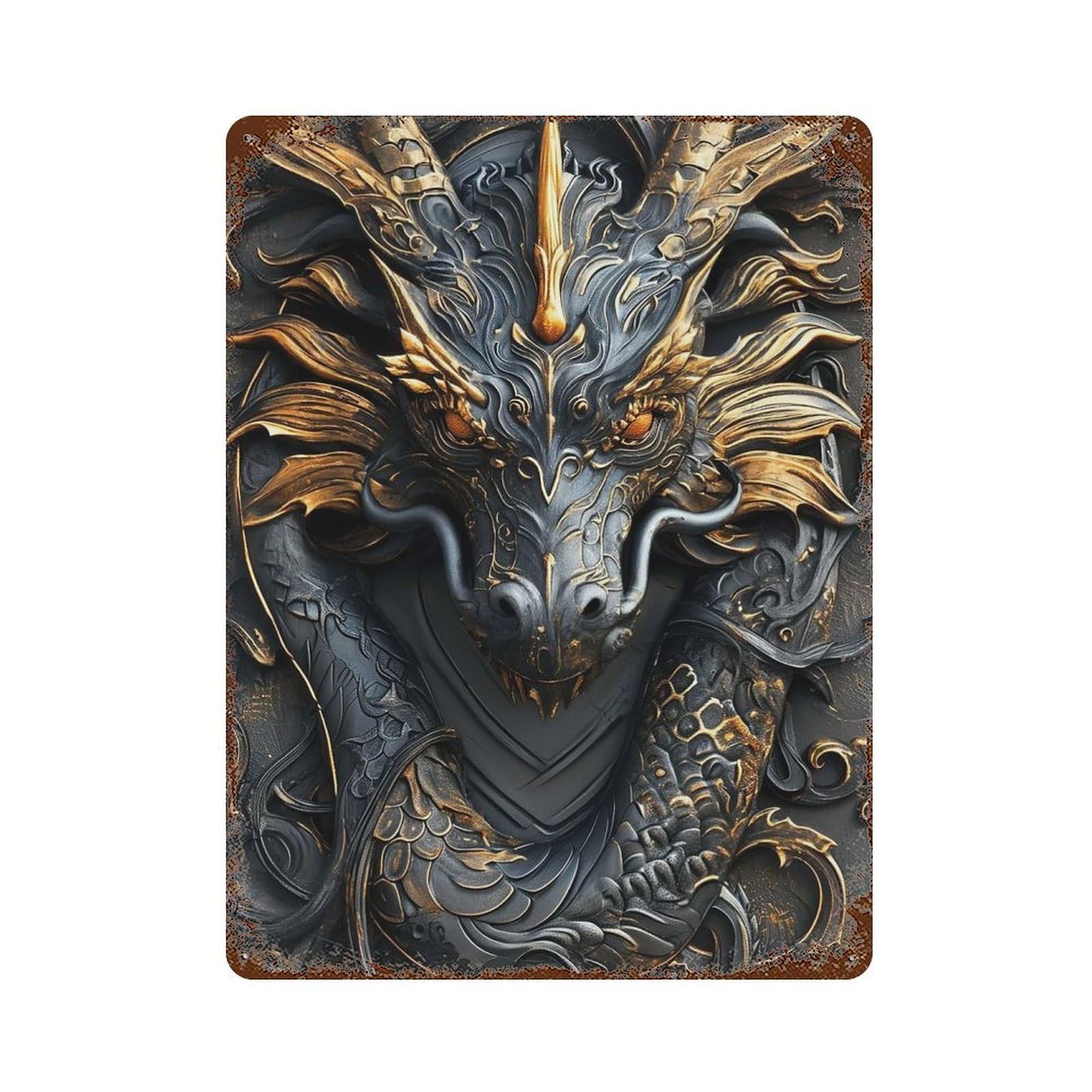 Dragon Portrait Art Deco Weathered Tin Sign 15.7"x11.8", for Basement, Hobby Room And Garage Decor, Rustic Home Decor