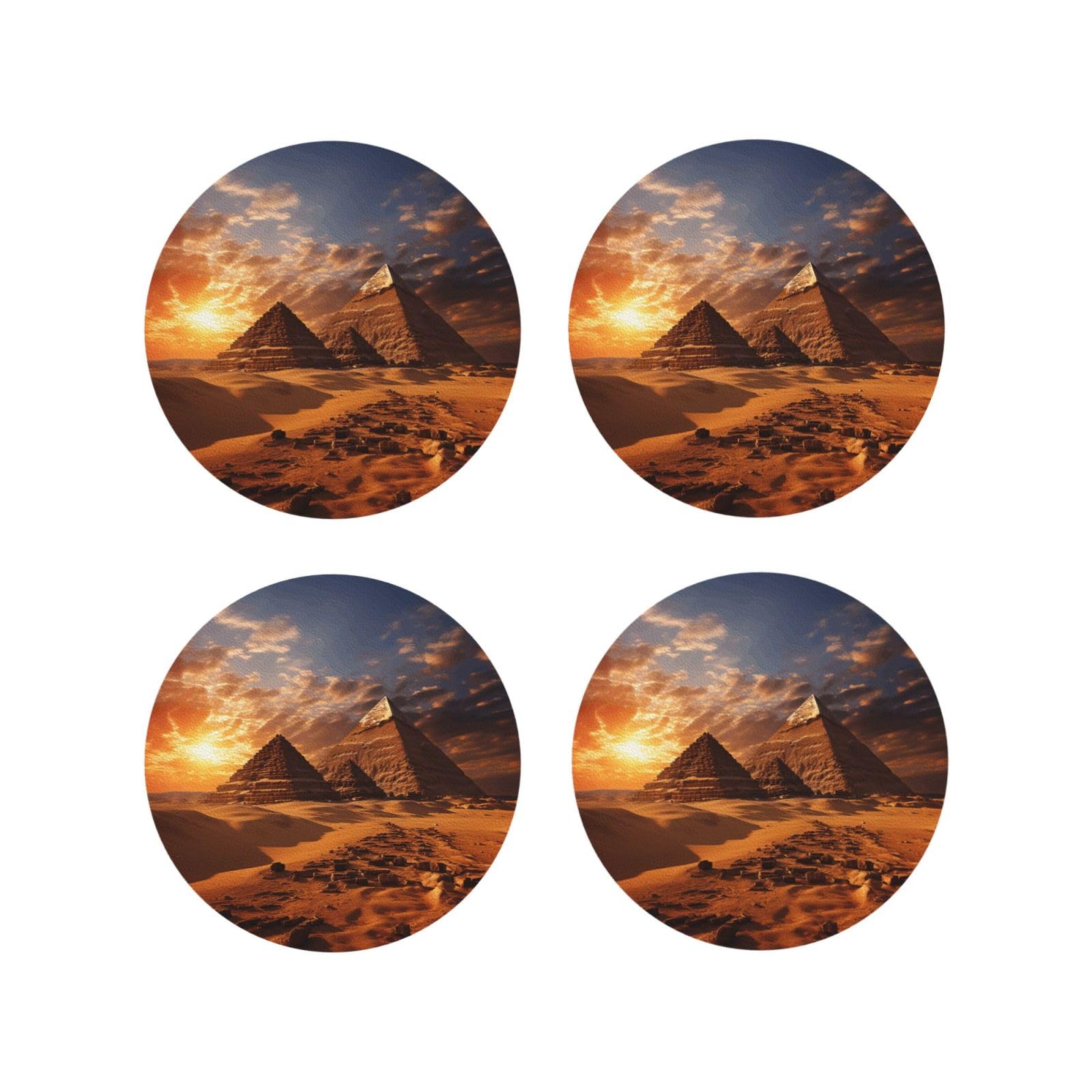 4Pcs PU Leather Coaster for Drinks, Egyptian Pyramids Cup Coastersr 4" Cup Mat Pad, Aesthetic Drink Coasters for Coffee Table, Round Shape Coaster for Tabletop Protection