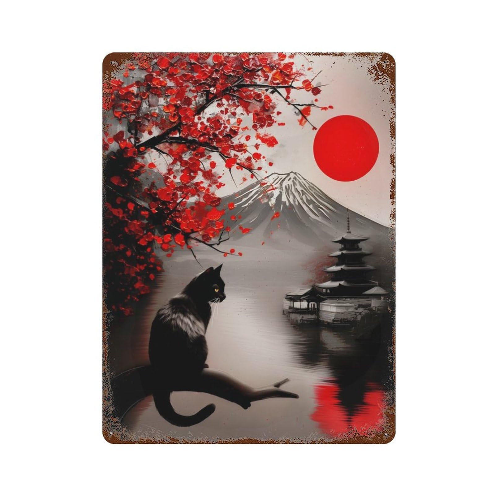 Abstract Fuji Mountain Feline Serene Painting Rust Effect Tin Sign 15.7"x11.8", Industrial Home Decor for Garage, Bar And Workshop Decor