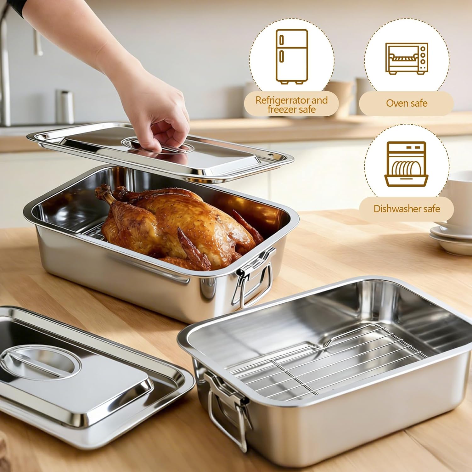 2 Pack 4 Inch Deep Lasagna Baking Pan with Lid, Handle, 14.2 x 11 Inch 7.4 Qt Large Stainless Steel Nonstick Lasagna Baking Roasting Pans with Rack, Casserole Dishes for Oven, Dishwasher