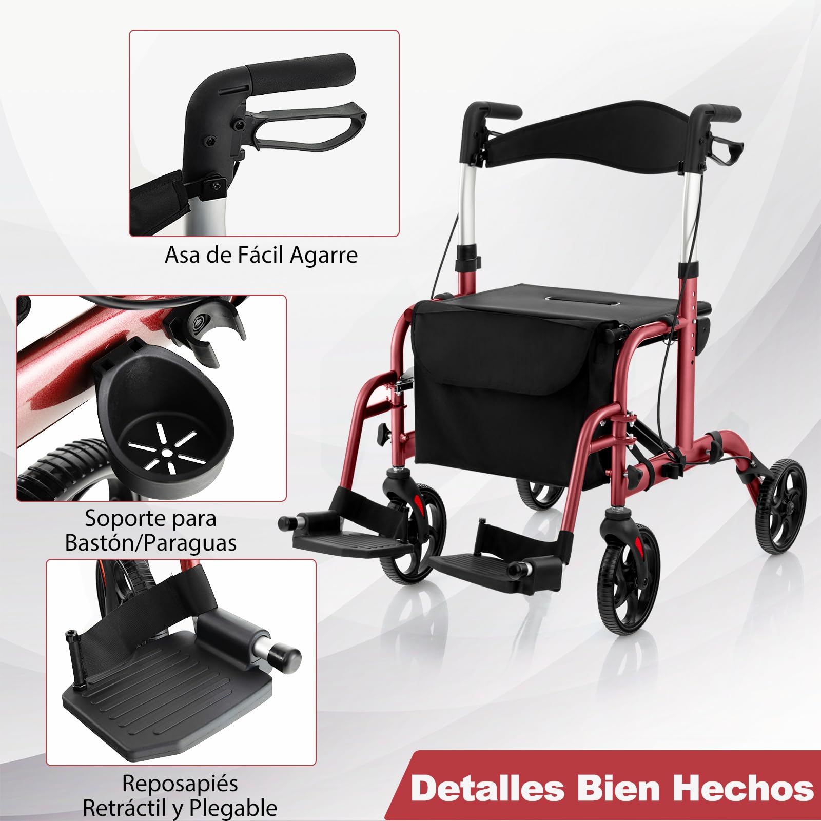 GOPLUS Andador para Ancianos con Asiento 2 en 1, Andador de Aluminio con 6 Alturas Ajustables, Respaldo Reversible, Silla de Transporte de Aluminio Ligero con Ruedas de 20 cm (Rojo)