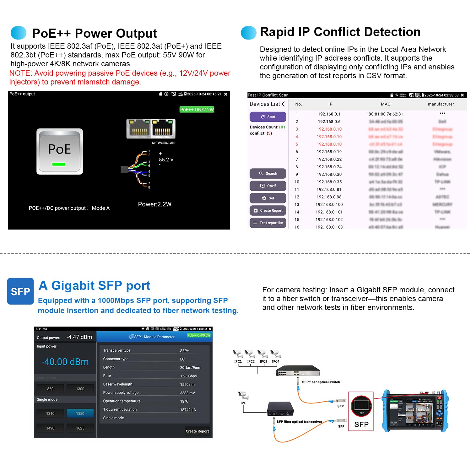 Tester per telecamera IP 8K, tester CCTV da 7 pollici Touchscreen 8MP TVI CVI AHD SDI CVBS tester per cavi RJ45 PoE strumenti di rete RS485 WiFi HDMI I/O VGA in (IPC-9800CADHS Pro)