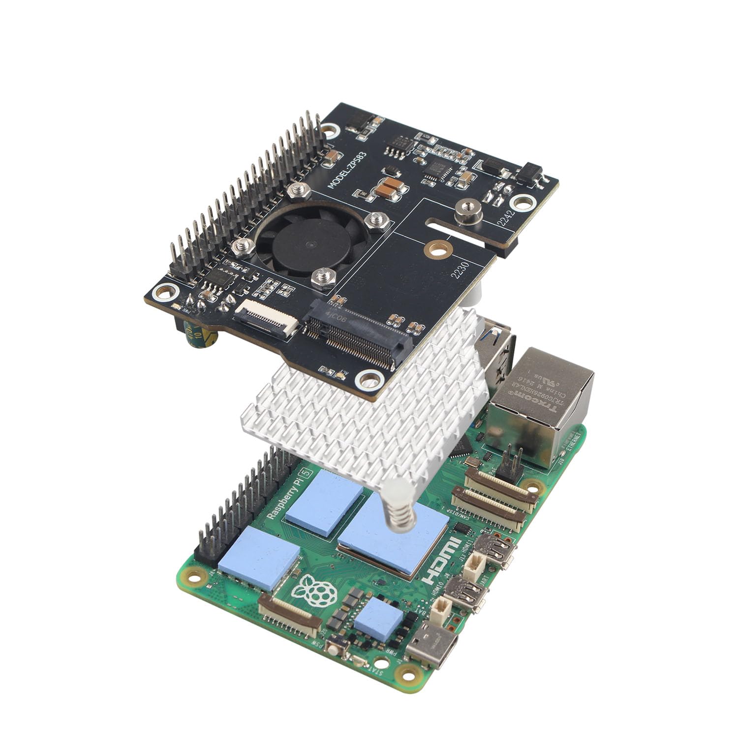 ZDE ZP583 PoE+ Hat PCIe to M.2 Key-M NVMe SSD Adapter for Raspberry Pi 5 | Power Over Ethernet HAT, with Aluminum Alloy Heatsink Onboard Cooling Fan, Support M.2 NVMe SSD 2230 2242