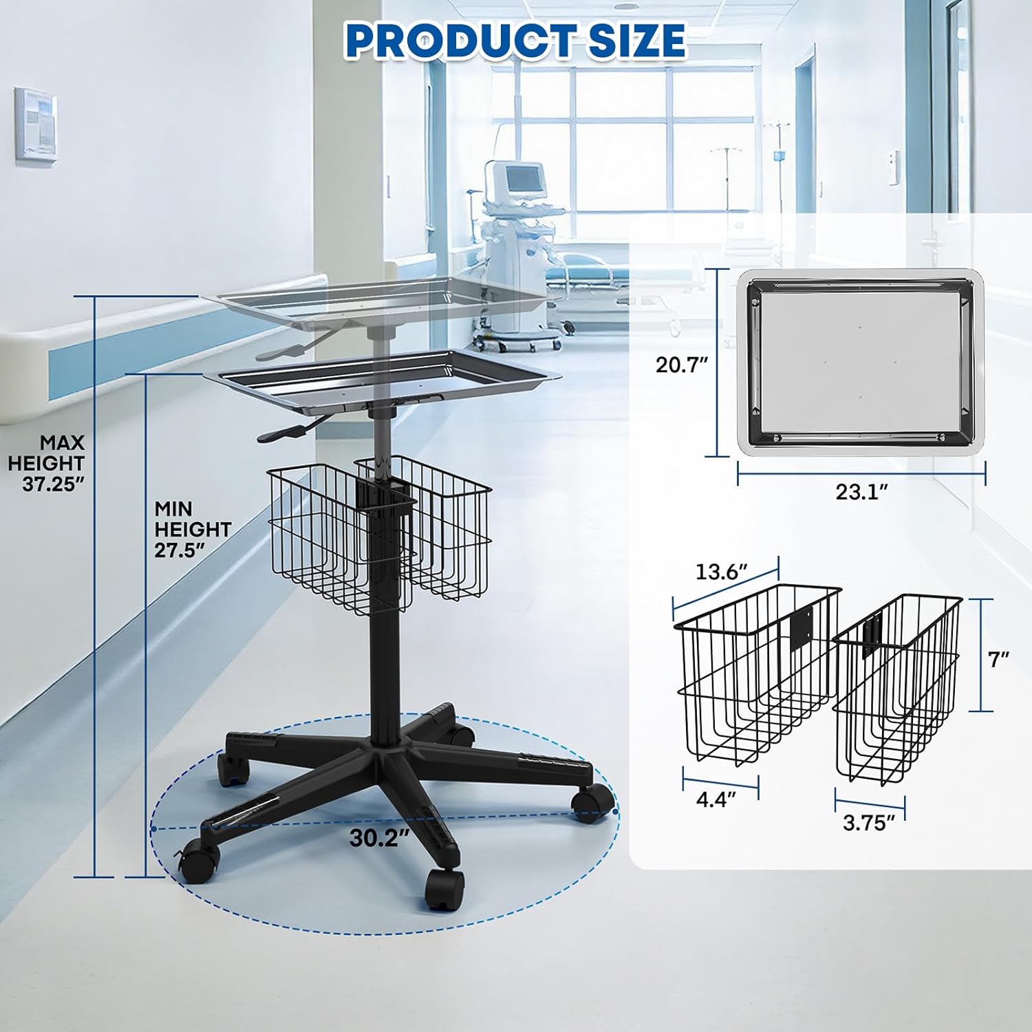 POCHAR Rolling Tray on Wheels Stainless Steel with 2 Baskets - Pneumatic Height Adjustable Medical Tray with Wheels for Clinic, Dental, Salon, Tattoo, Spa - Mobile Salon Tattoo Tray Trolley