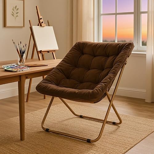 Miniatura 19 de Magshion Silla platillo plegable con otomana para adultos, cómodo asiento de lectura, asiento de piel sintética con marco de metal acolchado grueso