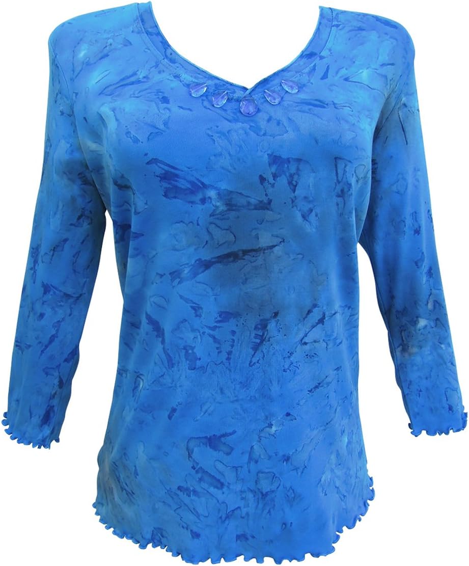 Nature Art Women Tie Dye Top V Neck Embellished Jeweled Shirt Ocean Blue S