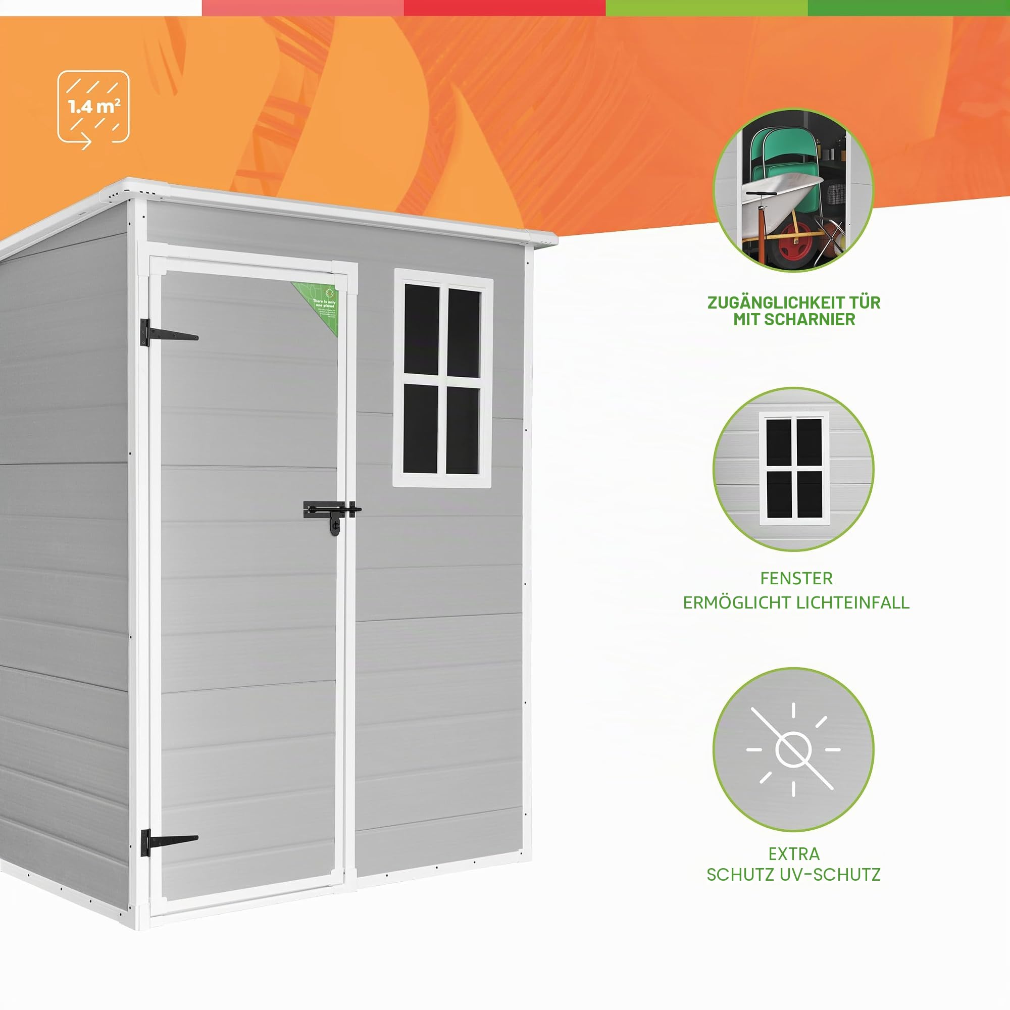 Wasabi - Gartenhaus Kunststoff mit Boden 1.4 Unit – 152x91x194cm – Fenster - Große Doppeltür – Grau – Geräteschuppen – Gerätehaus Outdoor Wetterfest 1,37m2