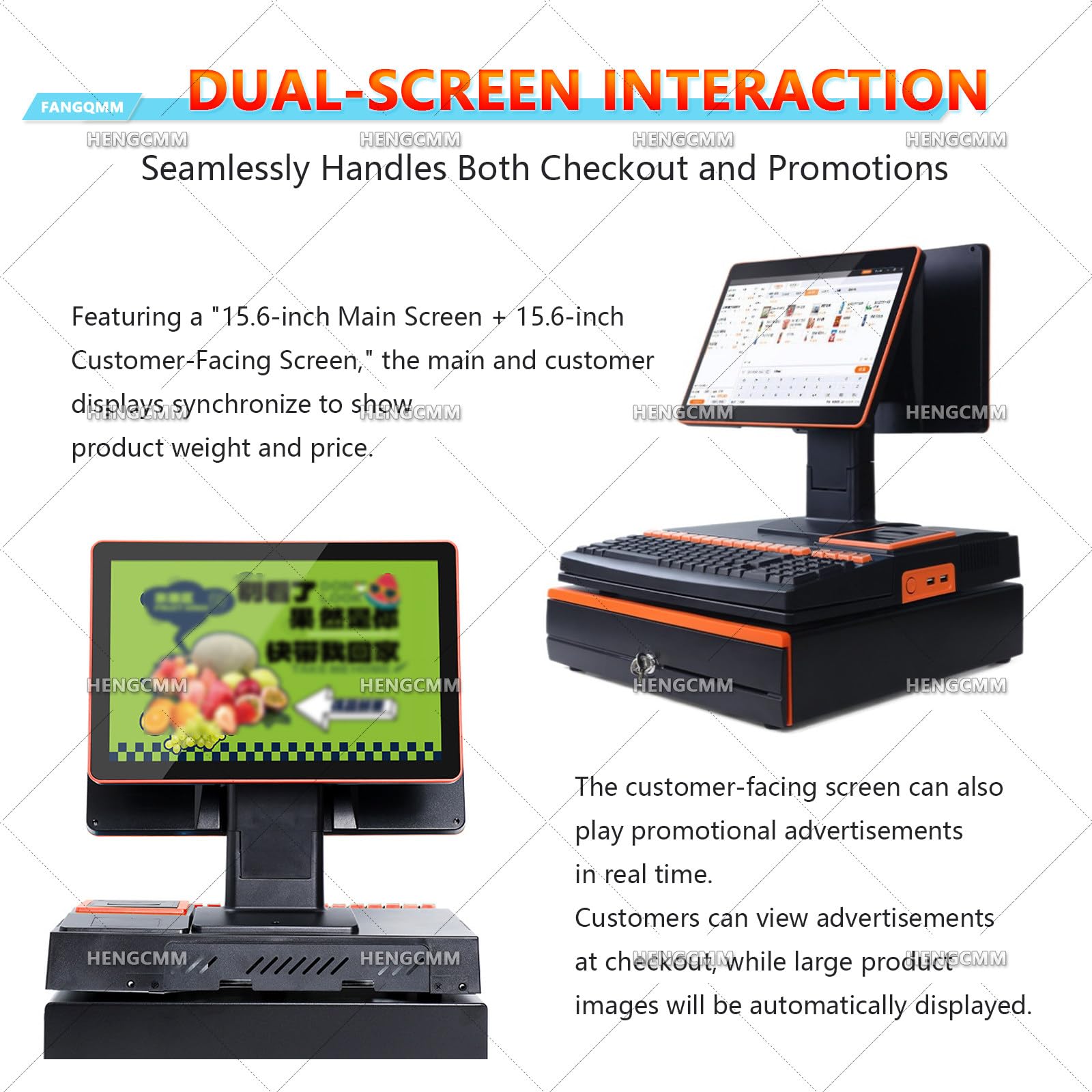 All-in-One-Smart-Kassen-POS-System, Touchscreen Kasse für Supermarkt, Kiosk & Laden – Komplett-Set mit Scanner, Kassenlade & Kundendisplay, für Kleinunternehmen, Restaurants, Einzelhandel White