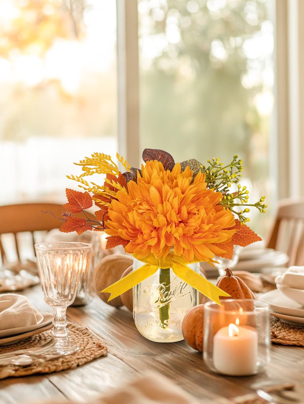Fall Mason Jars Centerpieces with Lights for Table, Fake Mums Artificial Flowers Floral Arrangements for Autumn Decor, Faux Mums in Mason Jars Fall Decorations for Home, Harvest, Thanksgiving Decor - Image 4