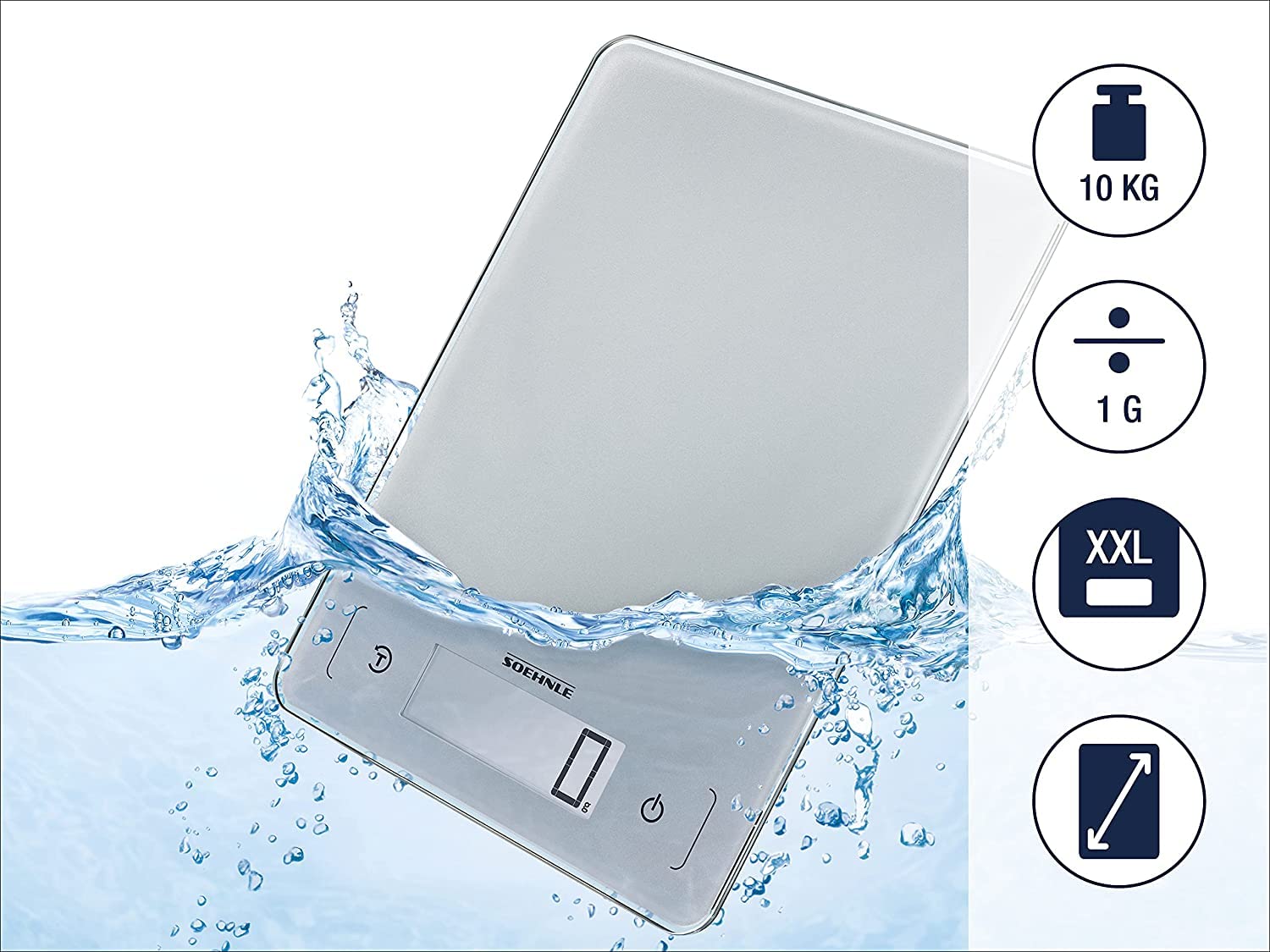 Soehnle Digitale Küchenwaage Page Aqua Proof, wasserdichtes Gehäuse | 10kg Tragkraft, spülmaschinengeeignet, 1-g-Teilung, Tara, große Wiegefläche, extragroße LCD-Anzeige, Sensor-Touch, Auto-Off
