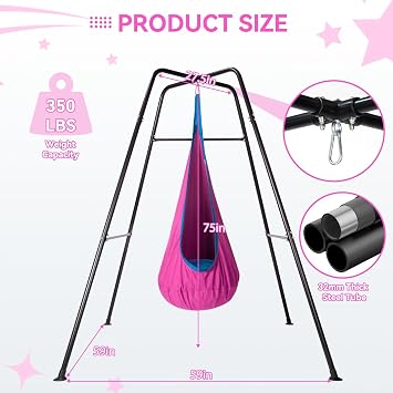 Swing Stand Frame with Sensory Pod Swings,Sensory Swing Set for Kids,Heavy Duty Metal Swings Frame,Cotton Sensory Pod Swing for Kids Indoor and Outdoor 330LBS Pink