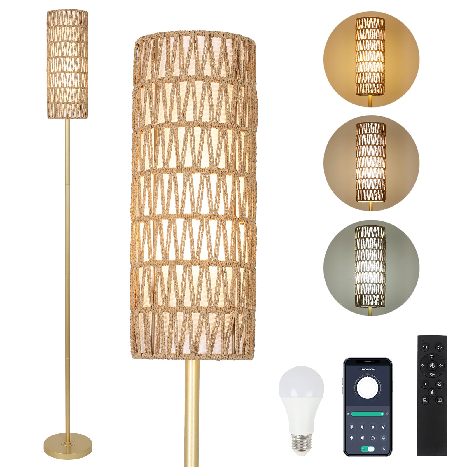 Rayofly Gold Stehlampe Wohnzimmer, Dimmbar Stehlampe mit Fernbedienung, App-Steuerung, Rattan Stehlampen mit Rattan & Leinen Lampenschirm, Modern Stehleuchte, Floor Lamp für Schlafzimmer, Büro