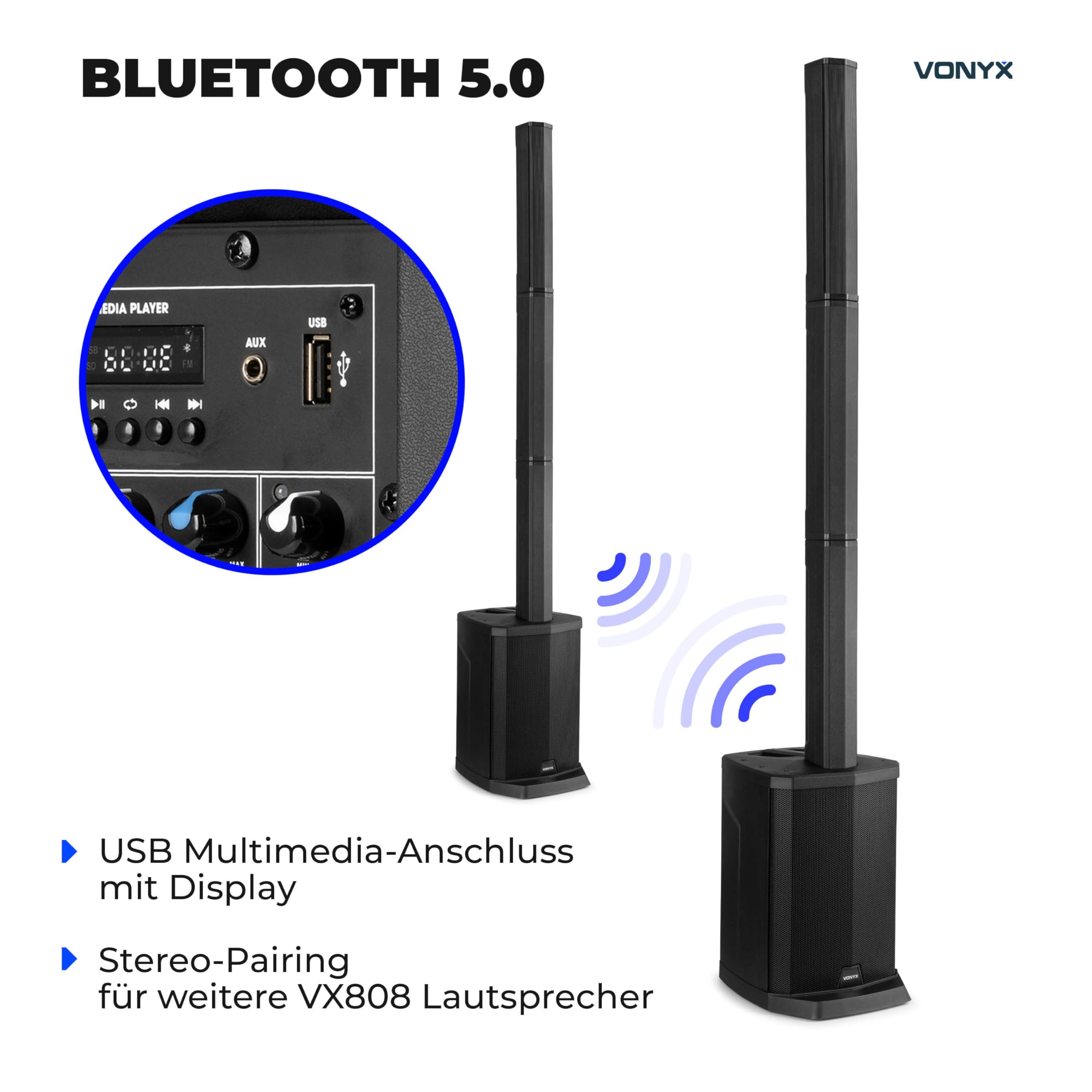 Vonyx VX808 Column Speaker System - 2er Set - PA Anlage Aktiv, 640 Watt Line Array Säulenlautsprecher, 8 Zoll Subwoofer Aktiv, Stereo Pairing, Bluetooth 5.0, DJ Anlage Komplett Set, PA Lautsprecher