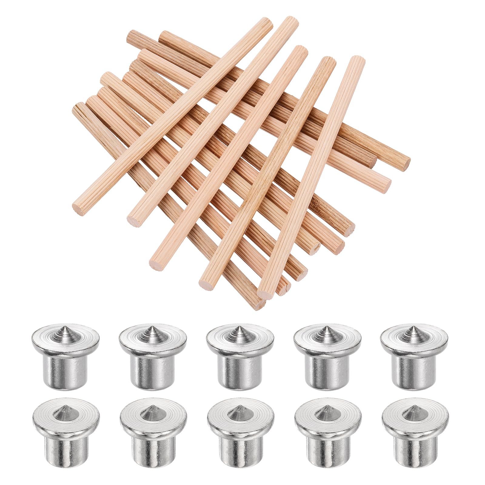 sourcing map 50Pcs Wood Dowel Pins, 8 x 150 mm Wooden Dowel Rods Straight Grooved Pins with 10Pcs Solid Hollow Dowels Tenon Center Transfer Plugs for Furniture Woodworking DIY Project