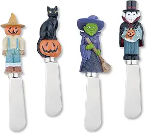 Supreme Housewares Spooky Cheese Spreaders, Hand-Painted Resin Handles with Stainless Steel Blades for Spreading Cream Cheese, Butter, and Jam, Assorted Halloween Designs, Set of 4