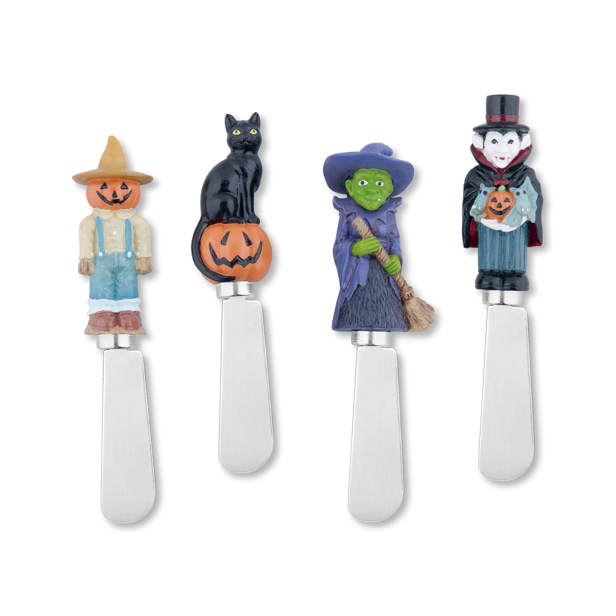 Supreme Housewares Spooky Cheese Spreaders, Hand-Painted Resin Handles with Stainless Steel Blades for Spreading Cream Cheese, Butter, and Jam, Assorted Halloween Designs, Set of 4