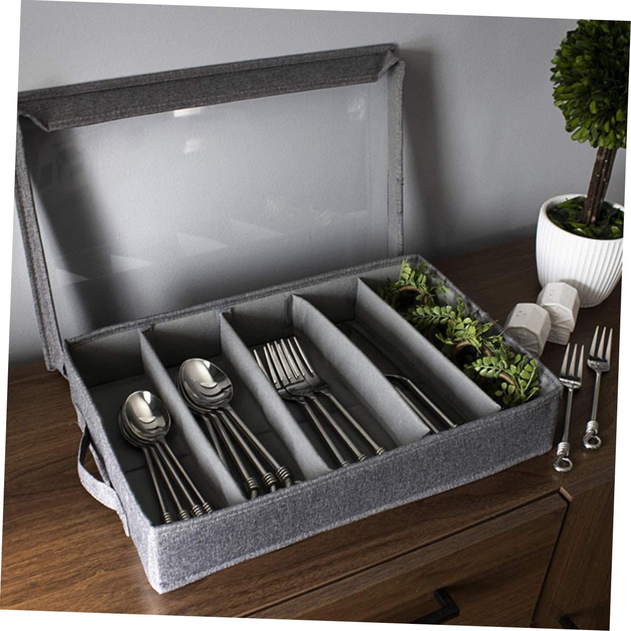Boîte de Rangement Multi Couvercle Transparent Organisateur de Couverts PP Épais Boîte Portable pour Ustensiles de Cuisine Compartiments Séparés pour Fourchettes Couteaux et