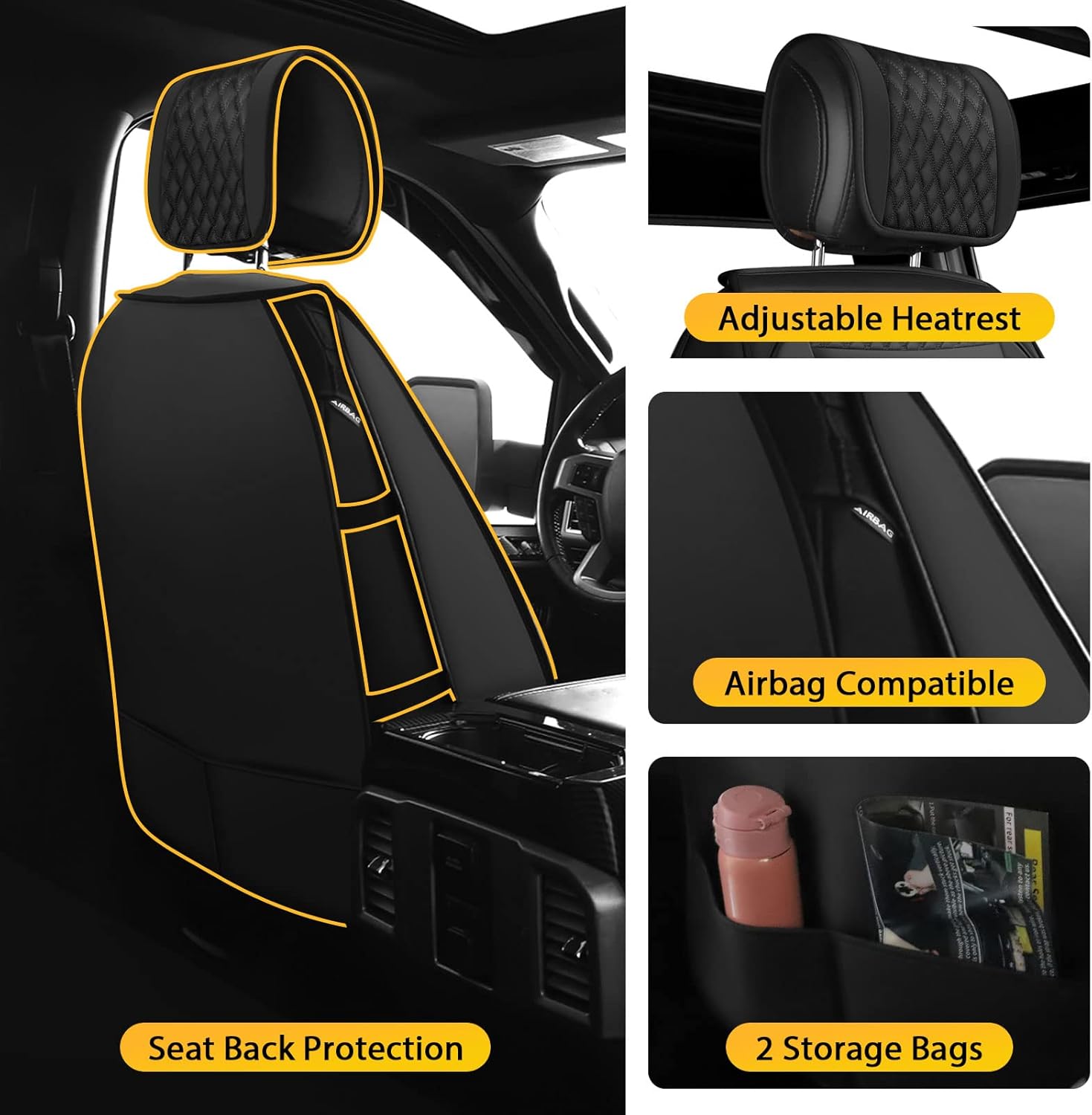Octomo Truck Seat Covers Compatible with Ford F150 2009-2023 & F250/F350/F450 Super Duty 2017-2023 Waterproof PU Leather Front Seat Protectors Anti-Slip,Scratchproof & Airbag Compatible (2pc,Black)