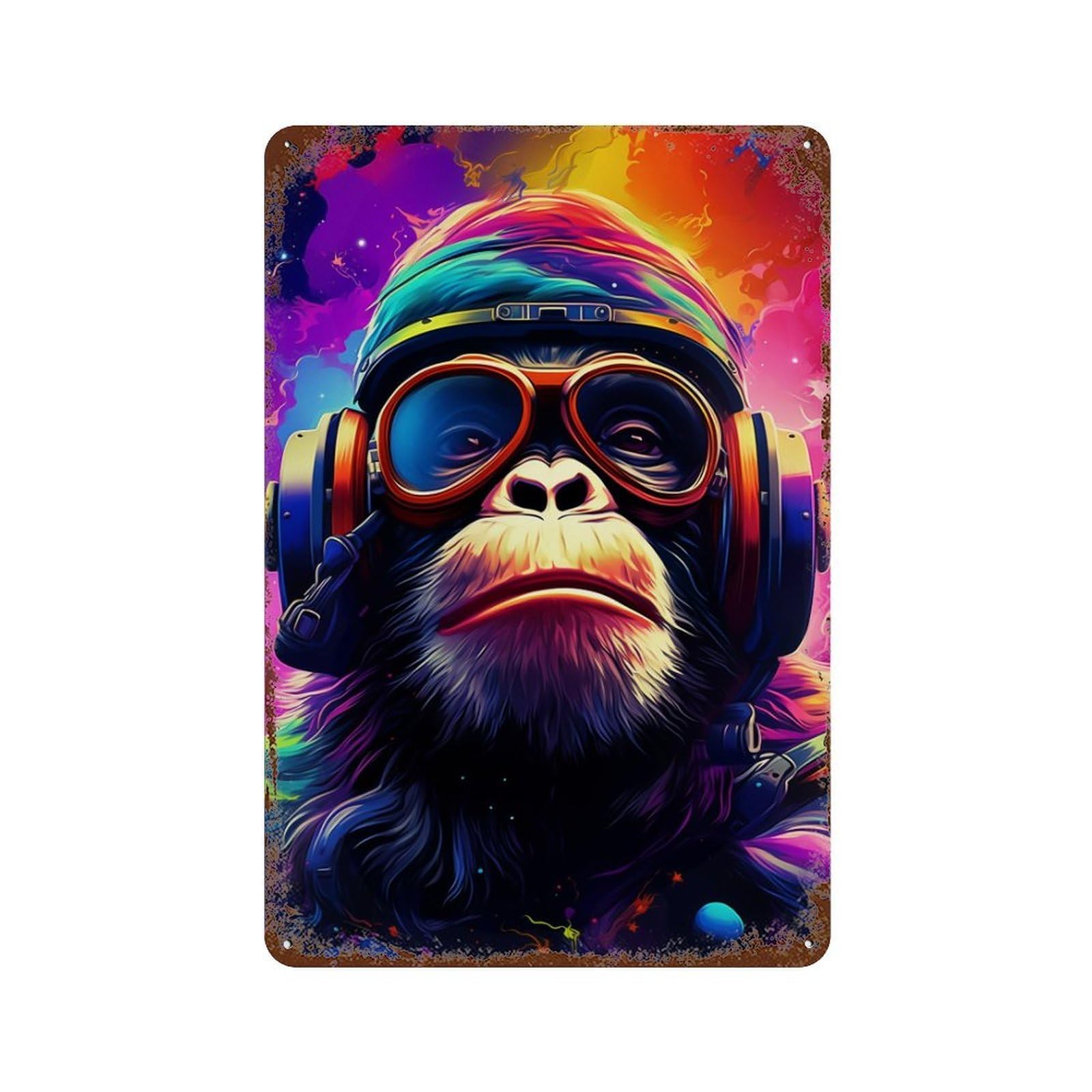 Colorful Monkey Aviator Artwork Decorative Tin Sign 11.8"x7.9", Vintage Wall Decor for Garage, Pub Or Kitchen