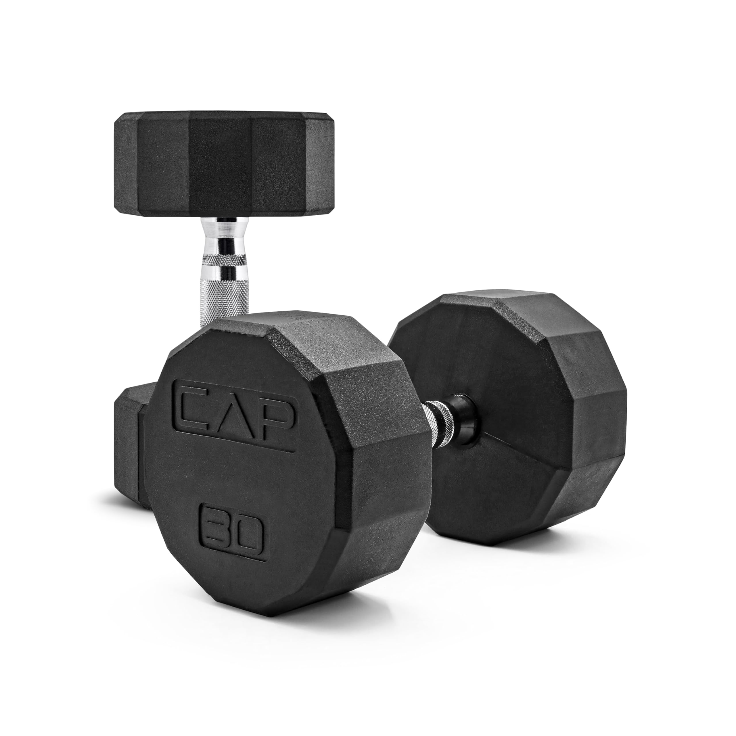 CAP Rubber Coated Dumbbell Weights, Free Weights for Home Gym Strength Training, Anti-Roll Hex Dumbbells with Black, Chrome &amp; Comfort Grip Handles, Pairs &amp; Sets