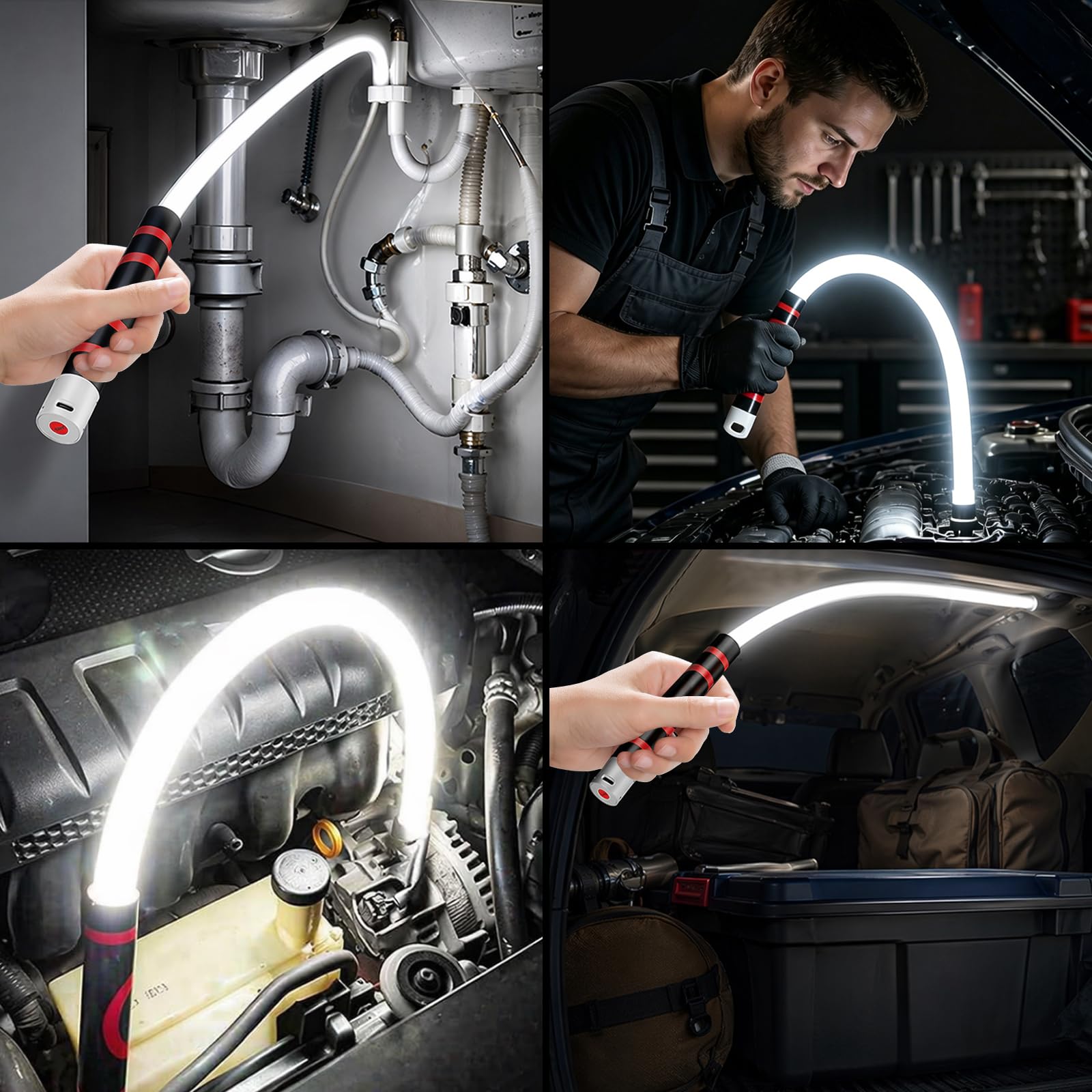LED Arbeitsleuchte, flexible biegsame LED Taschenlampe mit 3 Helligkeitsstufen, tragbare mechanische Arbeitsleuchte für enge Bereiche, Autoreparaturen und technische Inspektionen im Werkstattbereich