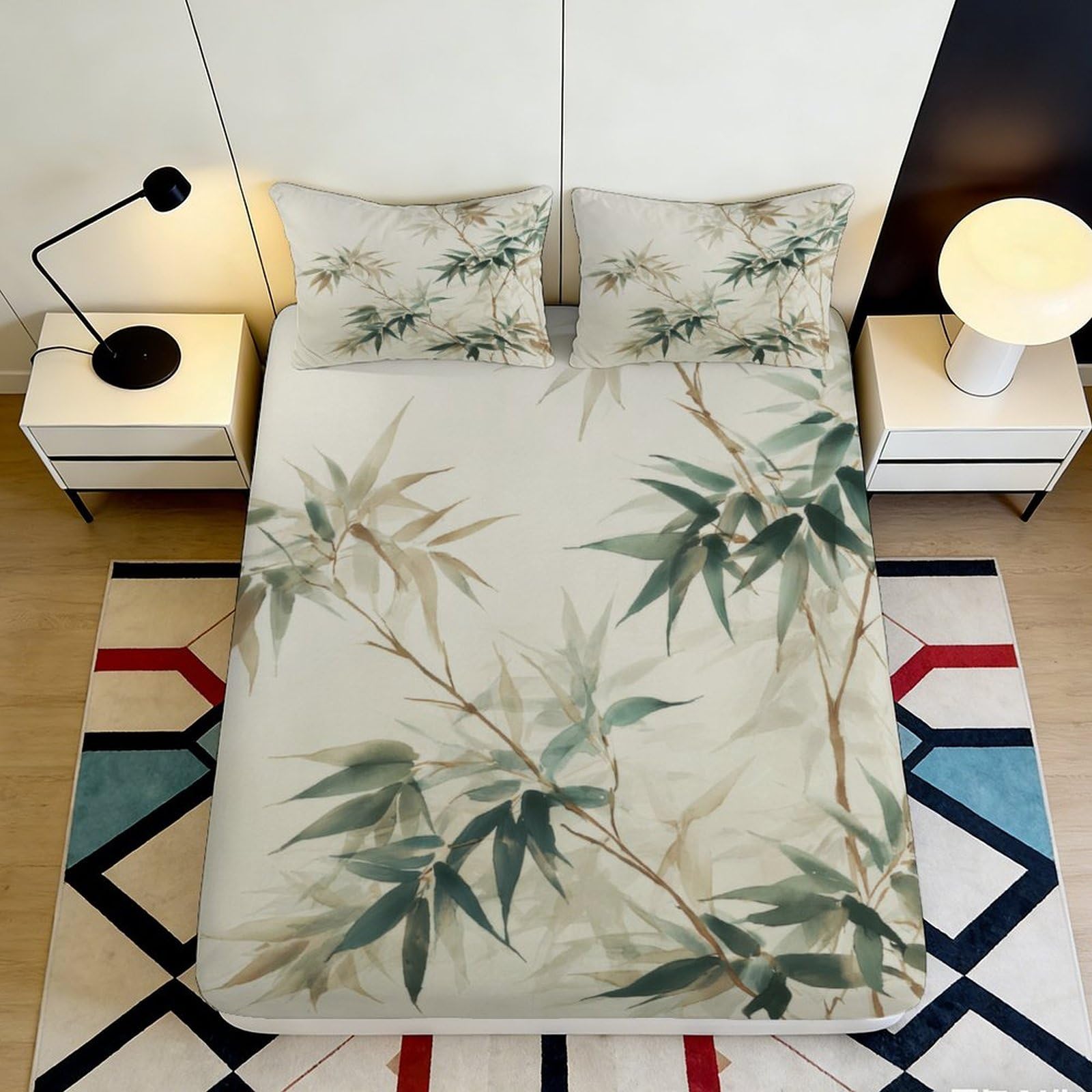 3D Printed Bamboo Leaf Fitted Sheet Microfiber Soft Breathable Watercolor Branch Bed Cover for Bedroom Guest Room Decor 140x200x25cm