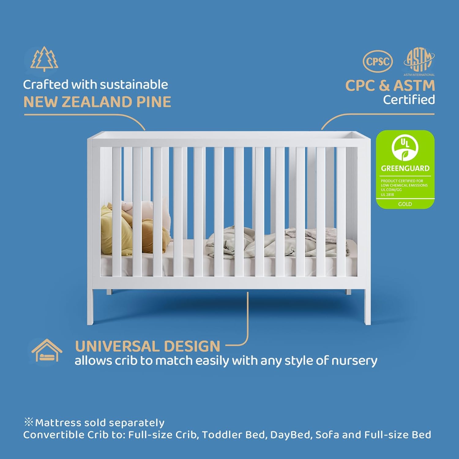 HARPPA Grevia 5 in 1 Convertible Crib, Greenguard Gold Certified, 3 Adjustable Heights, Converts to Toddler Bed, Daybed, Sofa and Full-Size Bed, Fits Standard Baby Crib Mattress, White