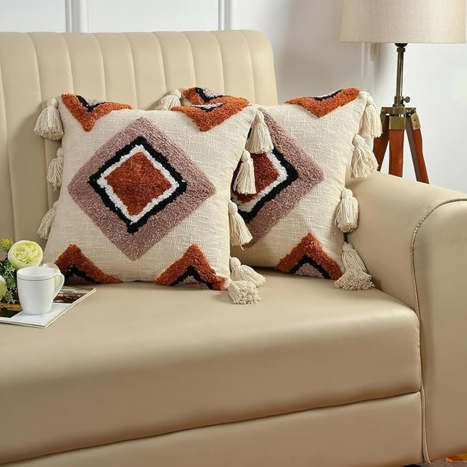 Kaahira Geometric 400 Tc Accent Boho Decor Tufted Throw Pillow Cover 16 inch x 16 inch, Cozy Bohemian Burfi Design Cotton Canvas Cushion Cover | 16X 16" (Pack of 1), Multi, 1 Piece