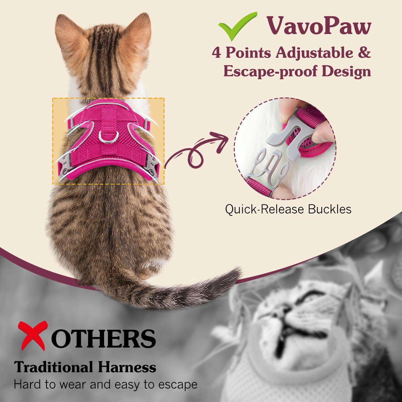 VavoPaw Pettorina per Cani con Guinzaglio da 1,5M, Imbracatura per Gatti Antifuga con Rete Traspirante e Strisce Riflettenti, Gilet Morbido e Regolabile per Cani Gatti, M, Magenta