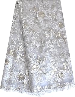 SanVera17 African Fabric Net Fabrics Sequins Embroidery Nigerian Embroidered Lace Fabric for Party Dress (White) 5 Yards 2206-7