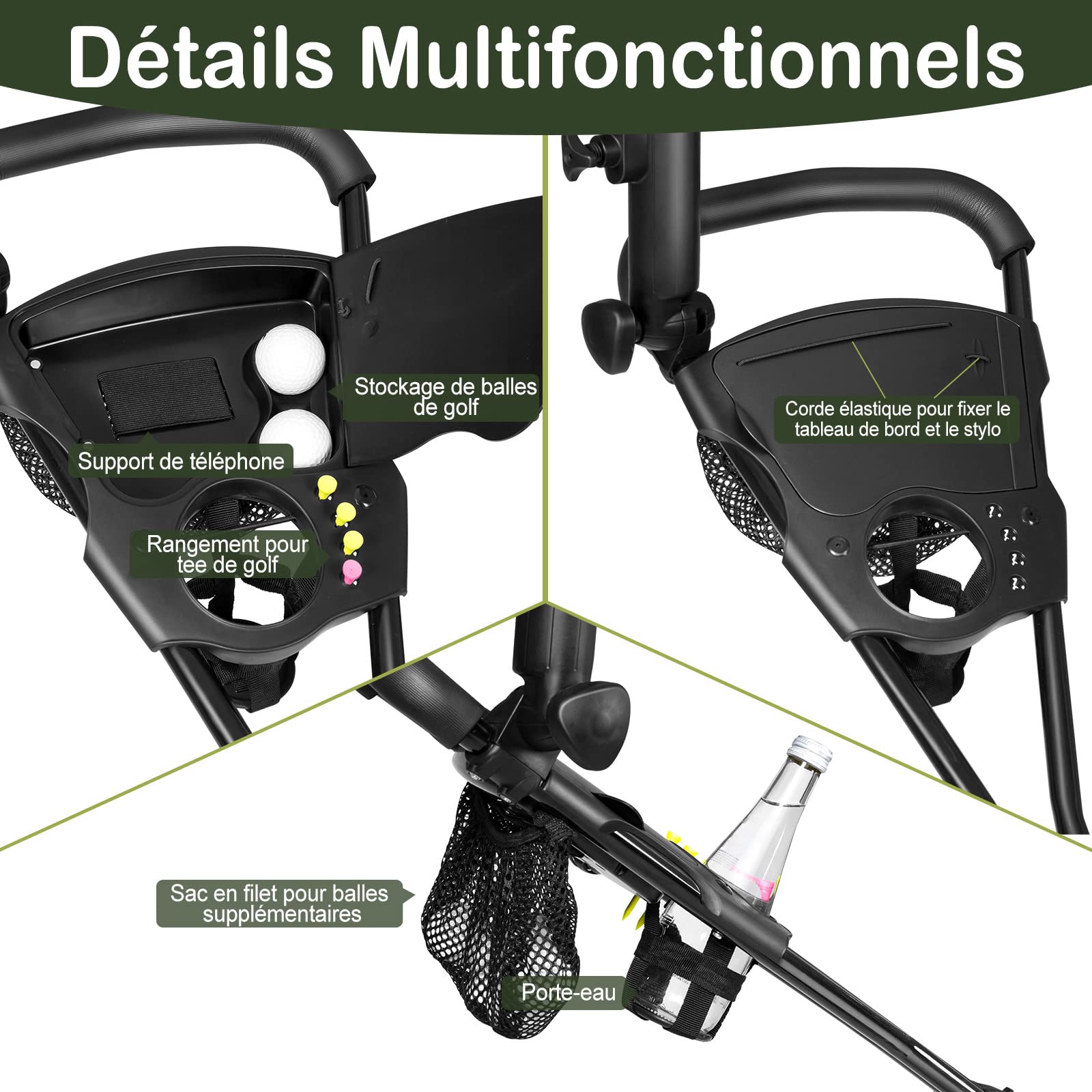 GYMAX Chariot de Golf à 3/4 Roues, Voiturette Golf Pliable avec Poignée Réglable et Sacs en Maille, Chariot de Golf Manuel avec Roues Amovibles avec Freins