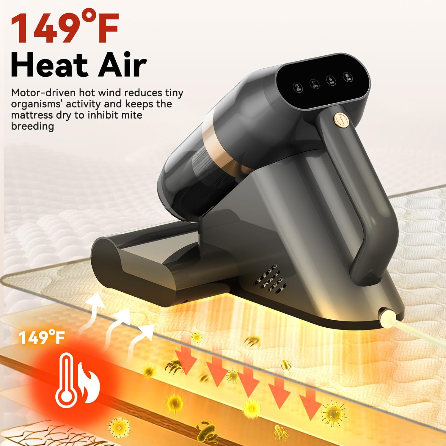 Mattress Vacuum Cleaner, Bed Vacuum Cleaner with 149°F Heat, 16KPa Powerful Suction, 253.7nm U V-C Light, 40,000 RPM Brushroll, HEPA Filter, Dual 400ml Dust Cups for Sofa, Pet Hair, Wired Corded