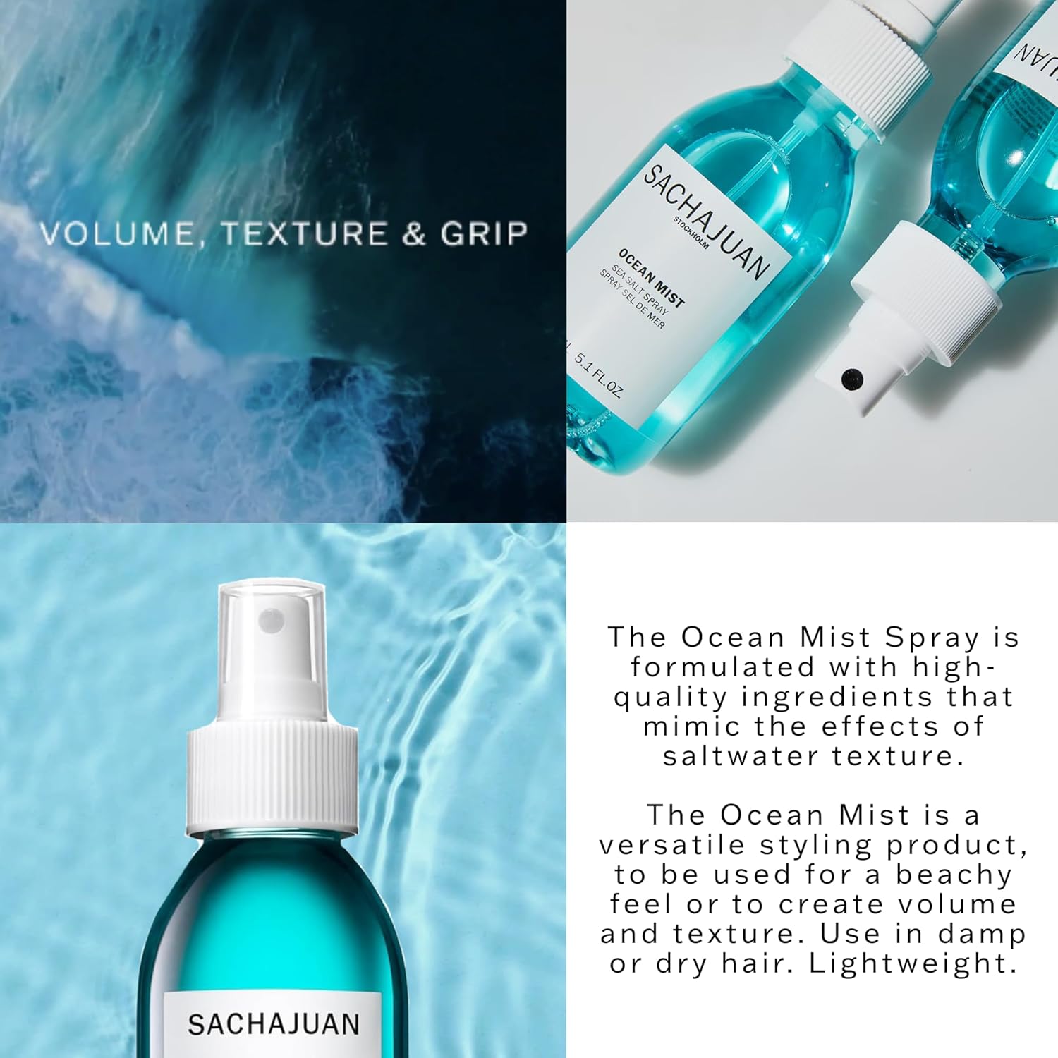 SACHAJUAN Ocean Mist Sea Salt Spray | Professional Texturizing Spray for Effortless Beach Waves | Instant Volume & Body with Matte Finish | Ocean Silk Technology | 5.1 fl oz