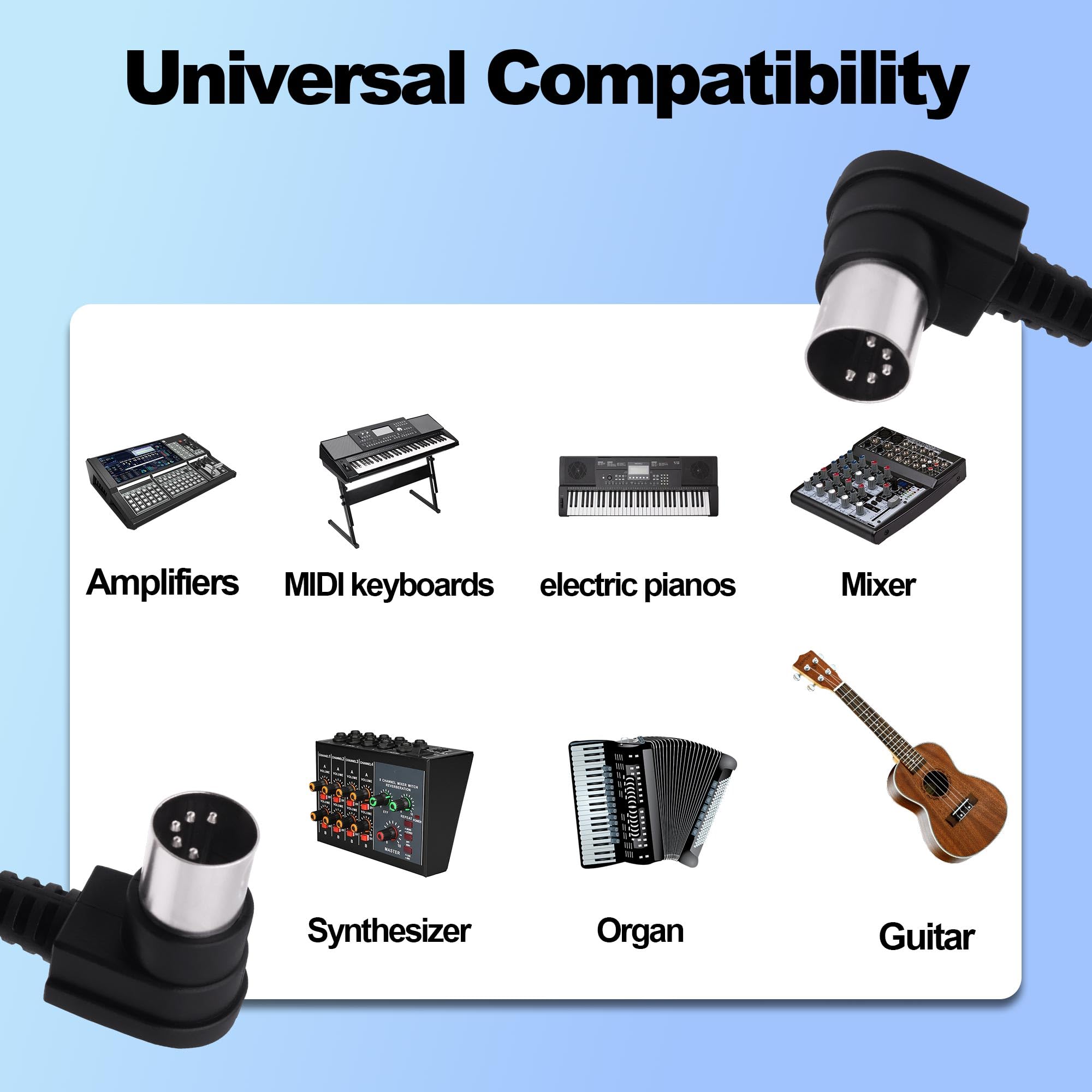Câble MIDI DIN 5 broches mâle vers mâle angle droit 90 degrés 5 broches adaptateur audio pour synthétiseur, amplificateur, mixeur, clavier MIDI, équipement de clavier - 1,5 m