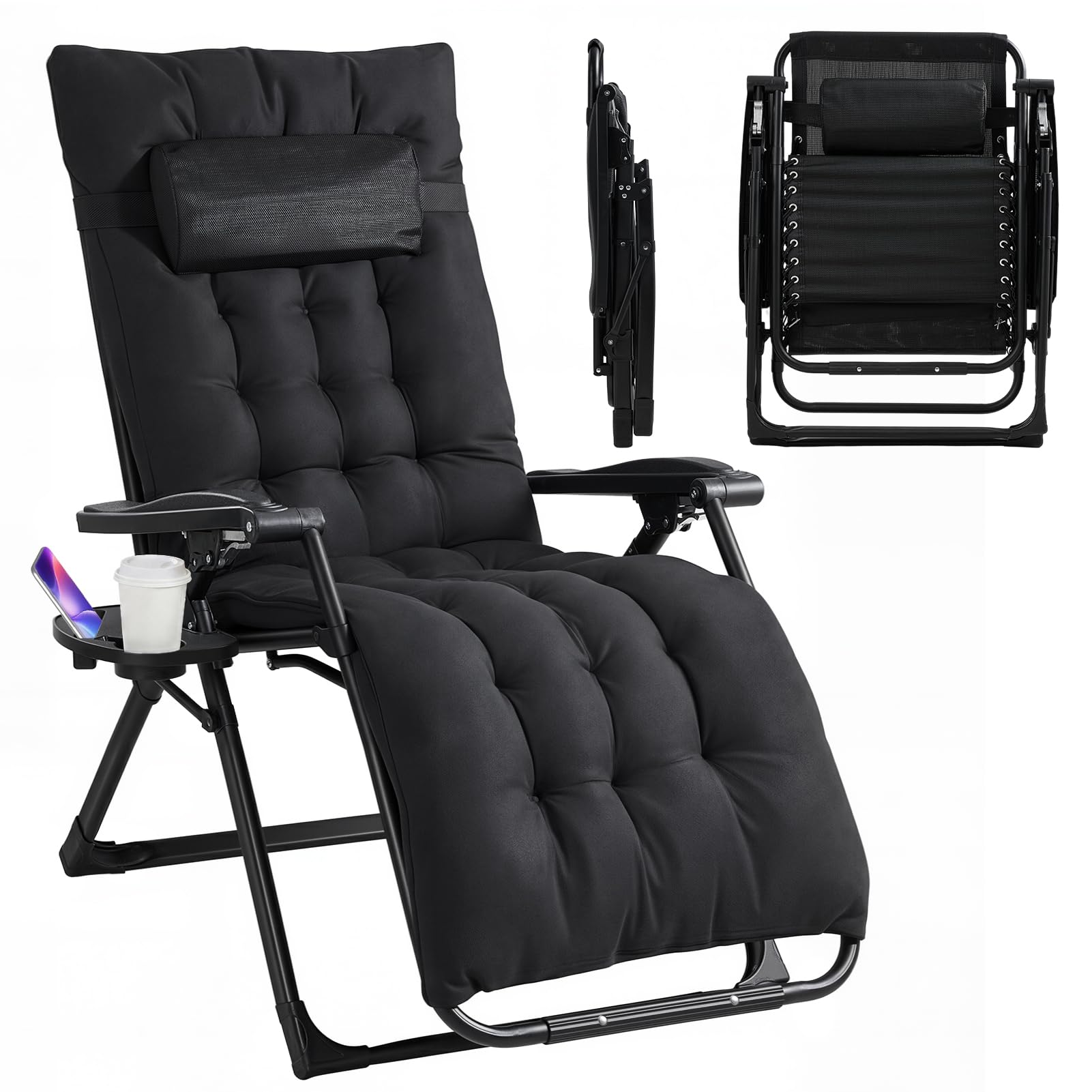 Warmiehomy Sonnenliege klappbar, Liegestuhl, 200KG Belastbar Zero Gravity Chair mit Kissen Unterstützung Getränkehalter, Extra Breit Verstellbare Gartenliege für Balkon Strand, Patio, Pool