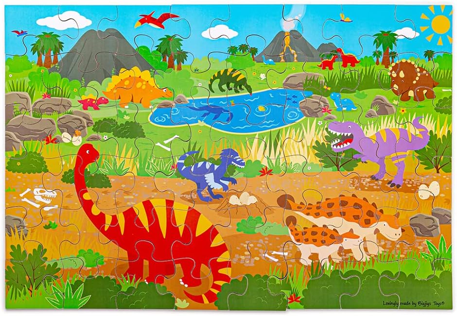 Bigjigs Toys Dawn of the Dinosaur Puzzle - 48 Piece Wooden Floor Puzzle for 2+ Years, Quality Wooden Jigsaw Puzzles for Kids, Colourful Dinosaur Floor Puzzle
