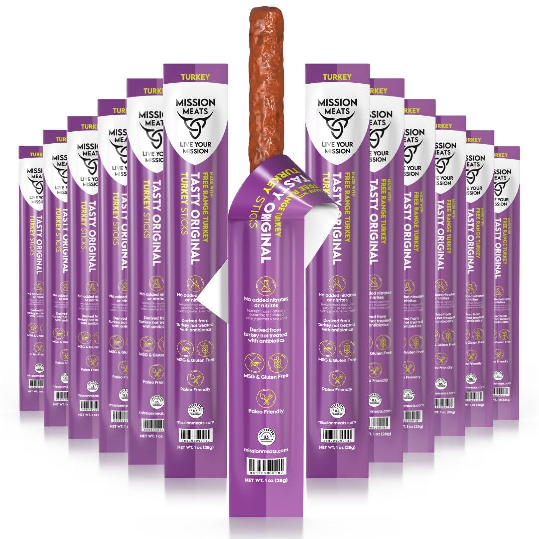 Mission Meats Turkey Sticks – 100% Free Range, Zero Sugar, Healthy Snacks, 9g Protein, Individually Wrapped Jerky Meat Sticks, Paleo & Whole 30 Friendly, 1oz (24ct)